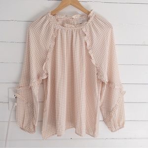 NWT Loft Outlet Beige Neutral Houndstooth Ruffle Sleeve Top